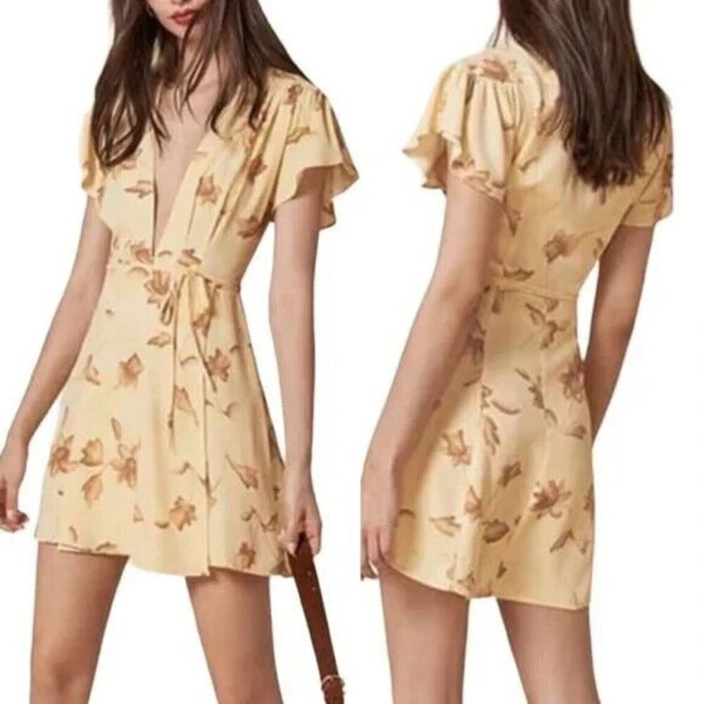 Reformation Yellow Wrap Sundress with Flutter Sleeves